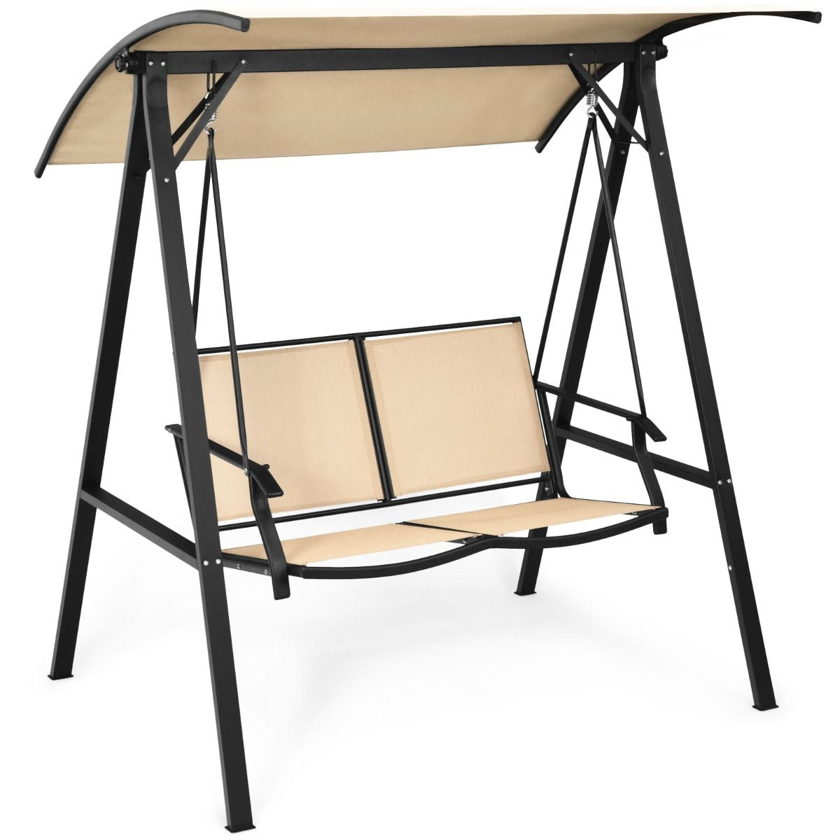 Balançoire De Porche Avec Auvent Réglable Balancelle Extérieure Pour 2 Personnes Cadre Et Auvent En Métal Crochet À Ressort Robuste Beige