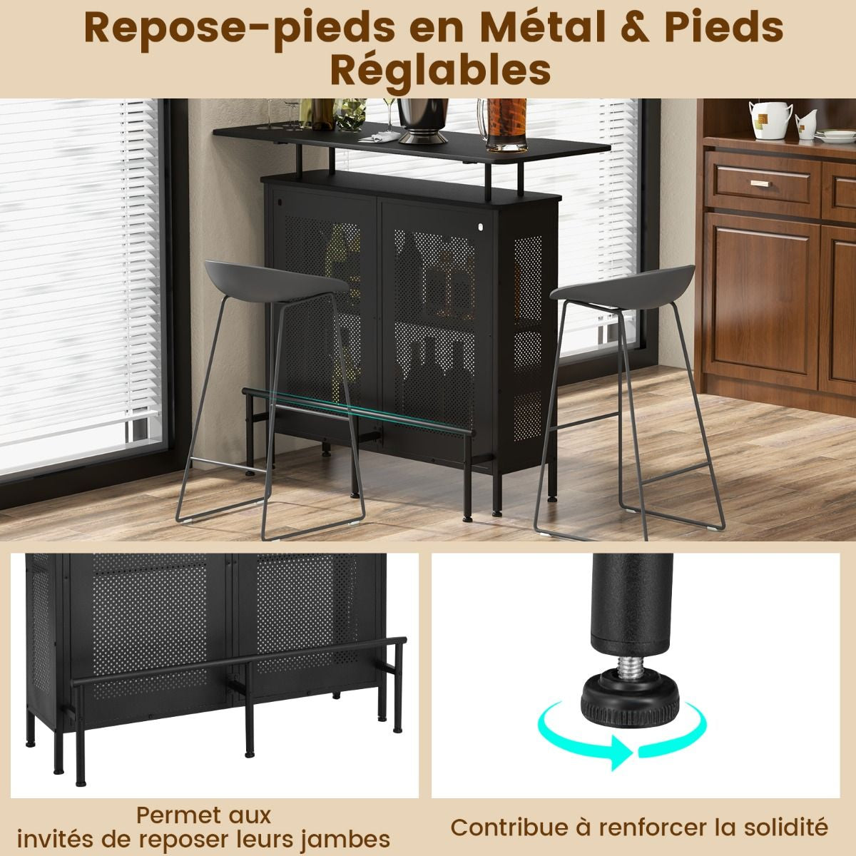Table De Bar À Domicile À 4 Niveaux Armoire De Bar Avec 2 Étagères Pour Vin Et 6 Supports De Verres Repose-Pieds En Métal 7 Pieds Réglables Noir/Marron