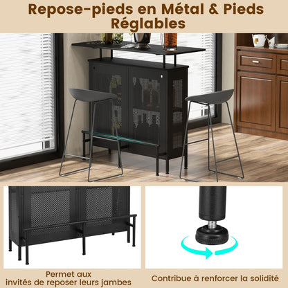 Table De Bar À Domicile À 4 Niveaux Armoire De Bar Avec 2 Étagères Pour Vin Et 6 Supports De Verres Repose-Pieds En Métal 7 Pieds Réglables Noir/Marron