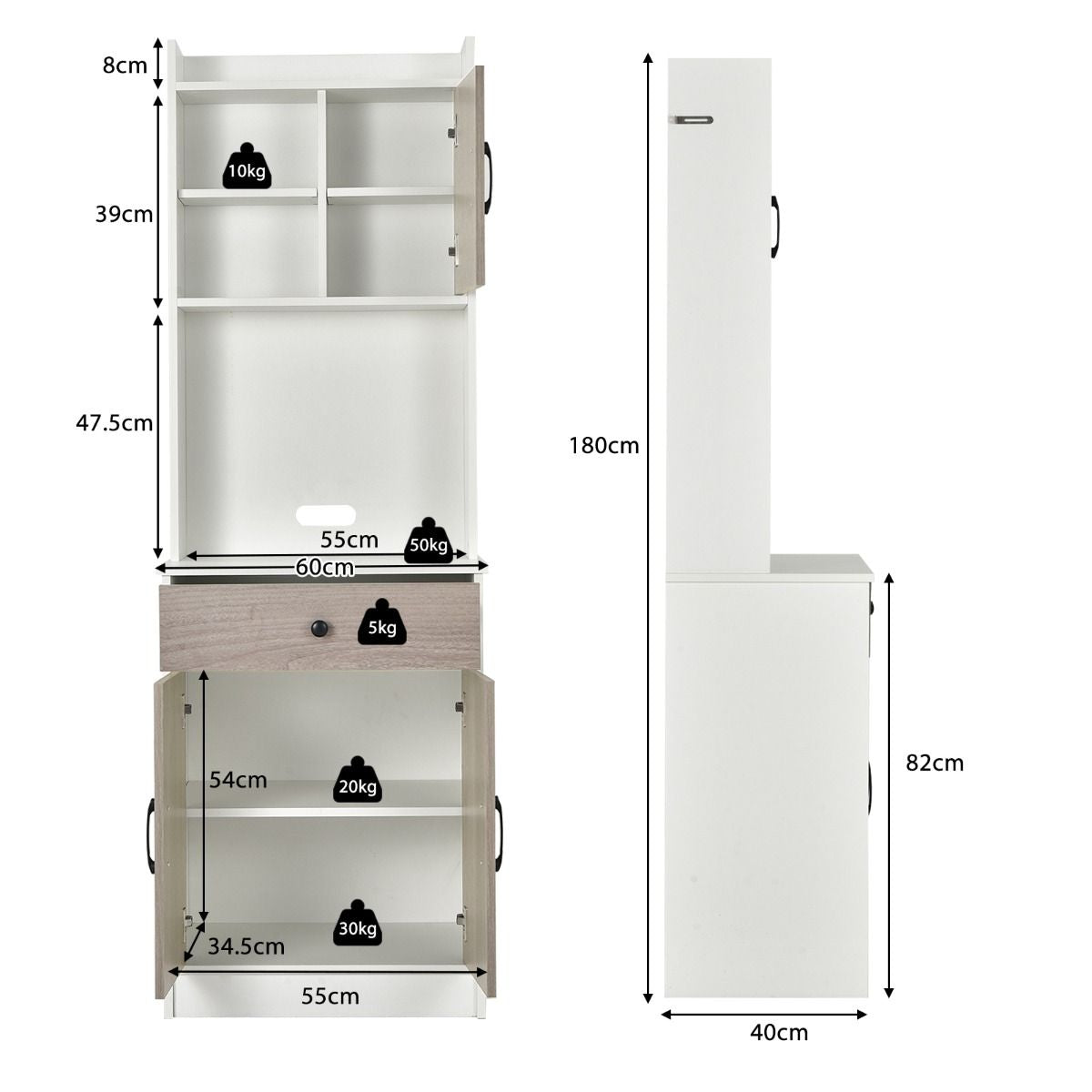 Buffet De Cuisine Meuble Cuisine Rangement Avec 3 Portes Et 1 Niche De Rangement Passe-Câble 60 X 40 X 180 CM Noir/Blanc