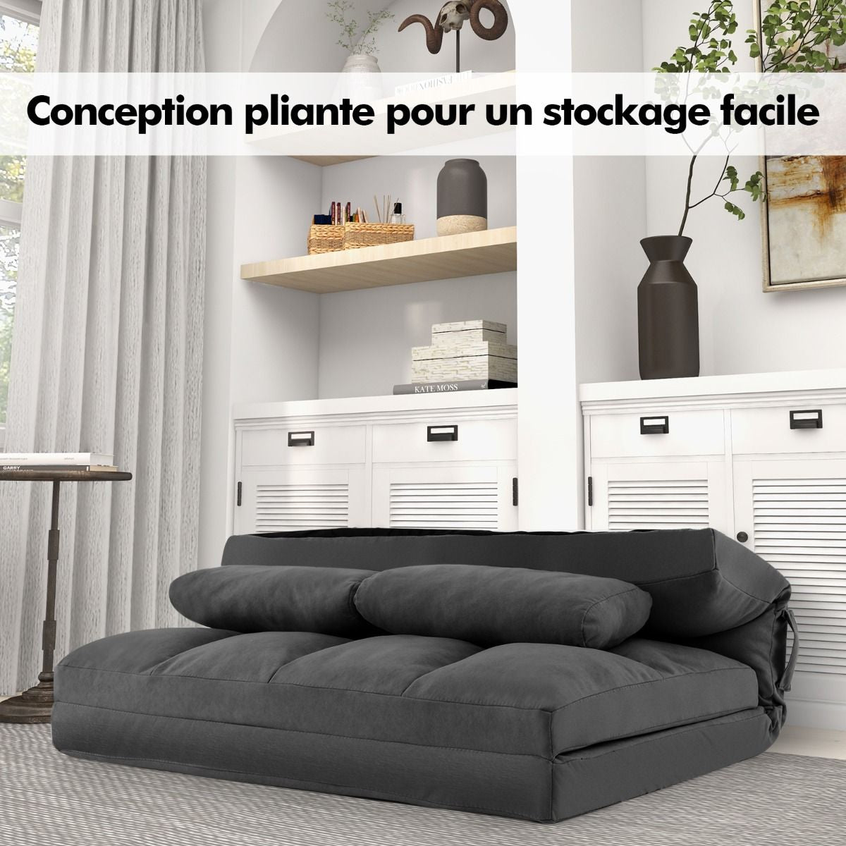 Canapé Lit Convertible En Velours Pliable Dossier Réglable À 6 Niveaux Avec 2 Coussins Gris Clair/Gris Foncé