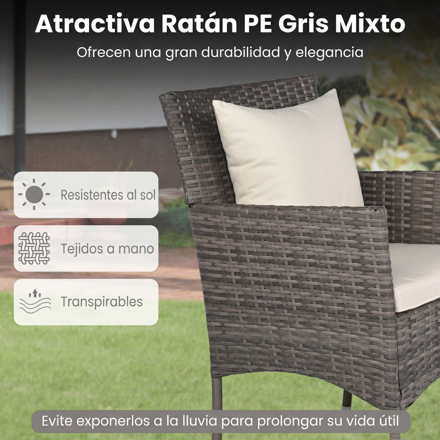 Salon De Jardin En Résine Tressée Table Et 2 Chaises Avec Coussins Et 2 Oreillers Pour Jardin Terrasse Balcon Beige/Gris