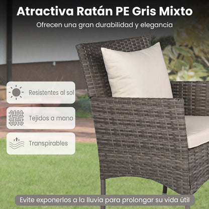 Salon De Jardin En Résine Tressée Table Et 2 Chaises Avec Coussins Et 2 Oreillers Pour Jardin Terrasse Balcon Beige/Gris