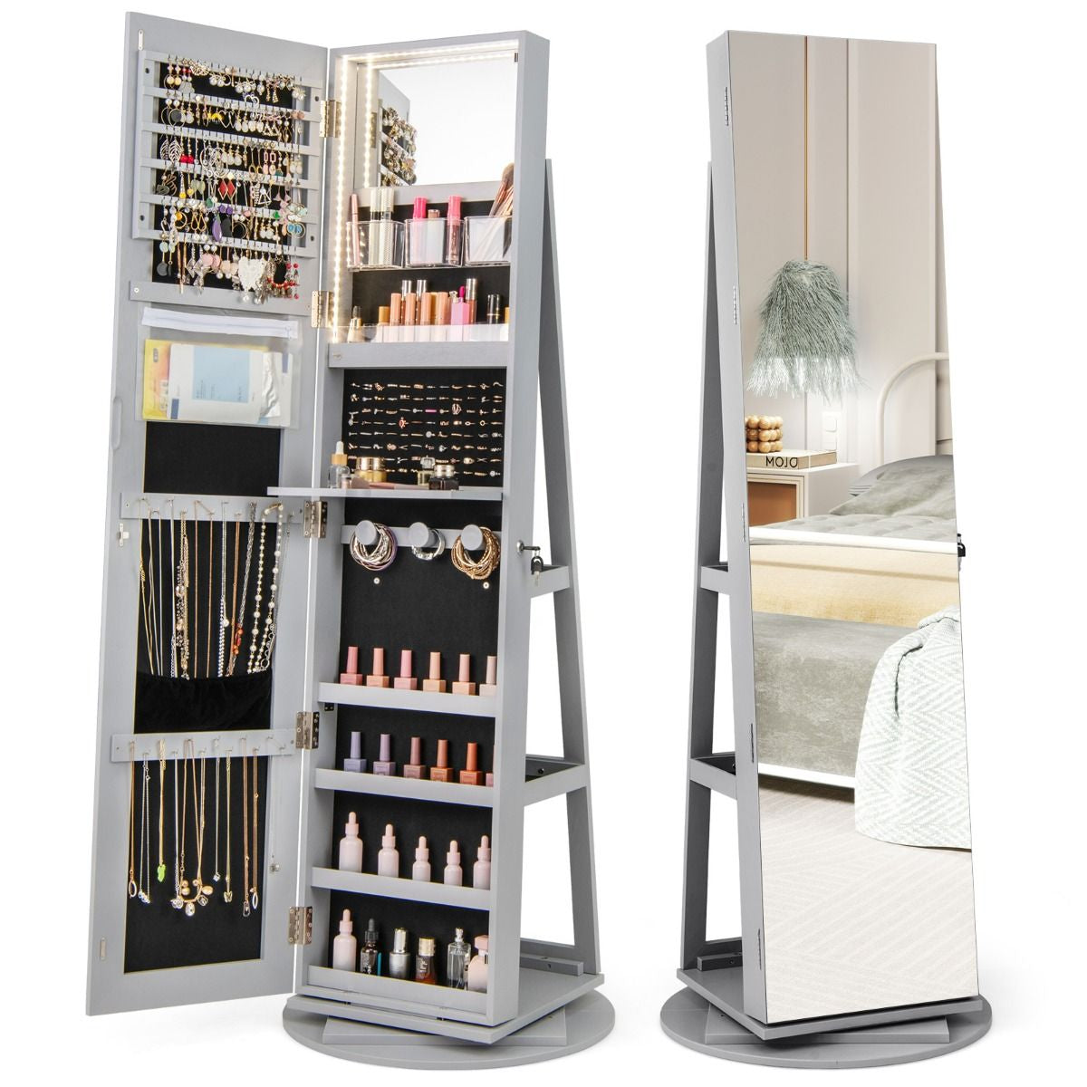 Armoire À Bijoux Pivotante À 360°Avec Lumières LED 3 Couleurs Miroir Pleine Longueur Et Étagère 3 Niveaux En Arrière 10 Couleurs Au Choix