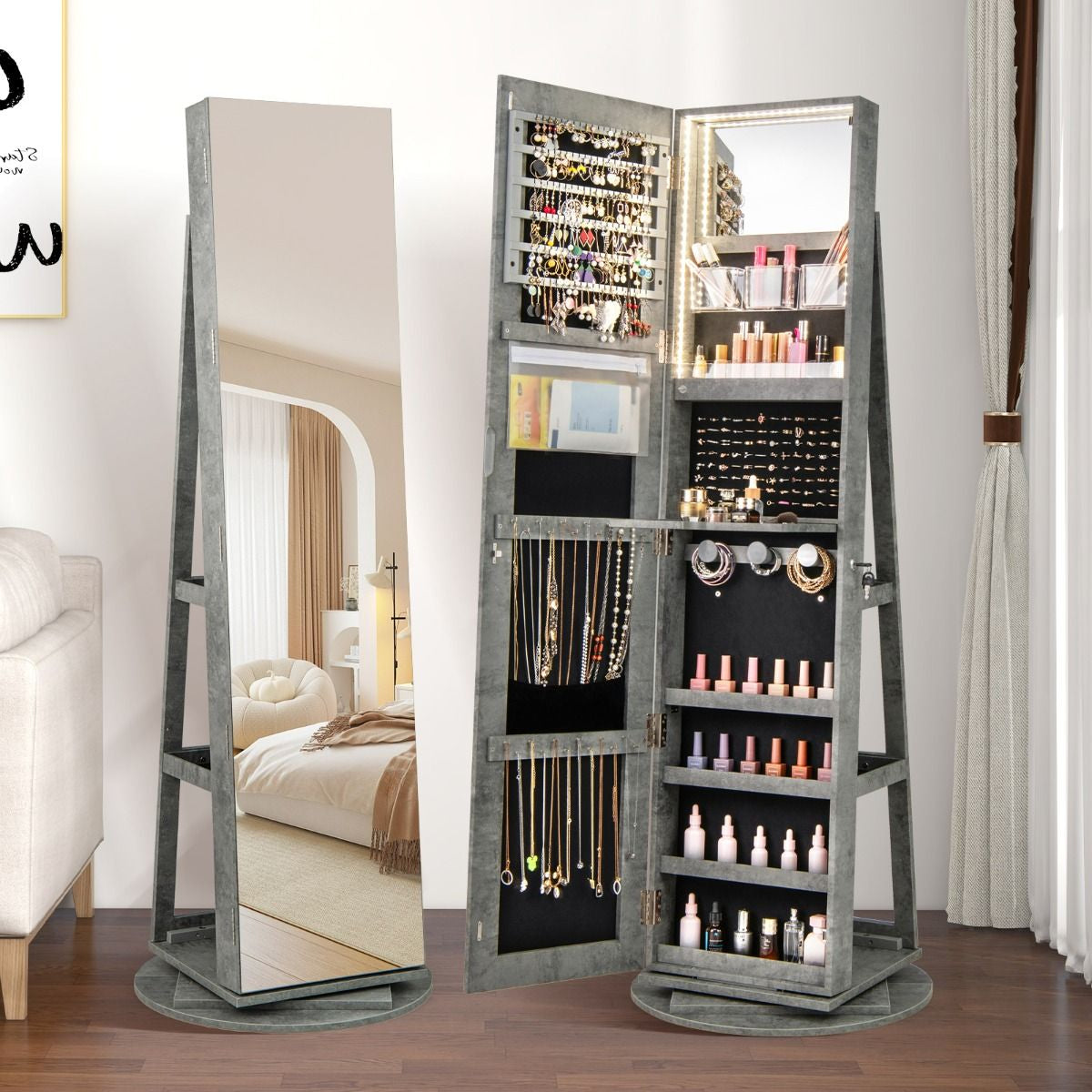 Armoire À Bijoux Pivotante À 360°Avec Lumières LED 3 Couleurs Miroir Pleine Longueur Et Étagère 3 Niveaux En Arrière 10 Couleurs Au Choix