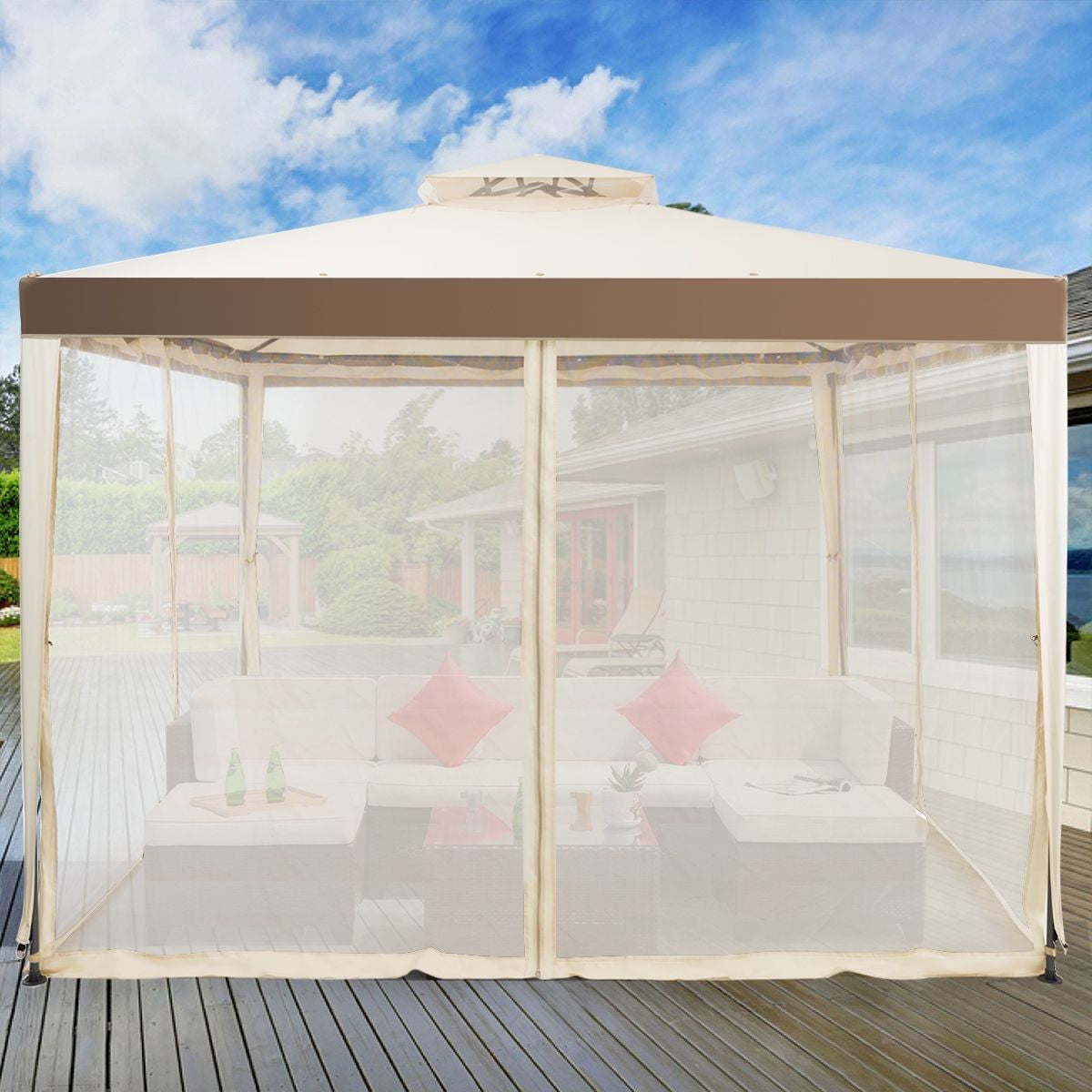 Tente De Réception Tonnelle De Jardin Imperméable Double Toits Moustiquaire Protection UV 50+ Imperméable 3X3M Pour Terrasse Jardin Brun/Beige