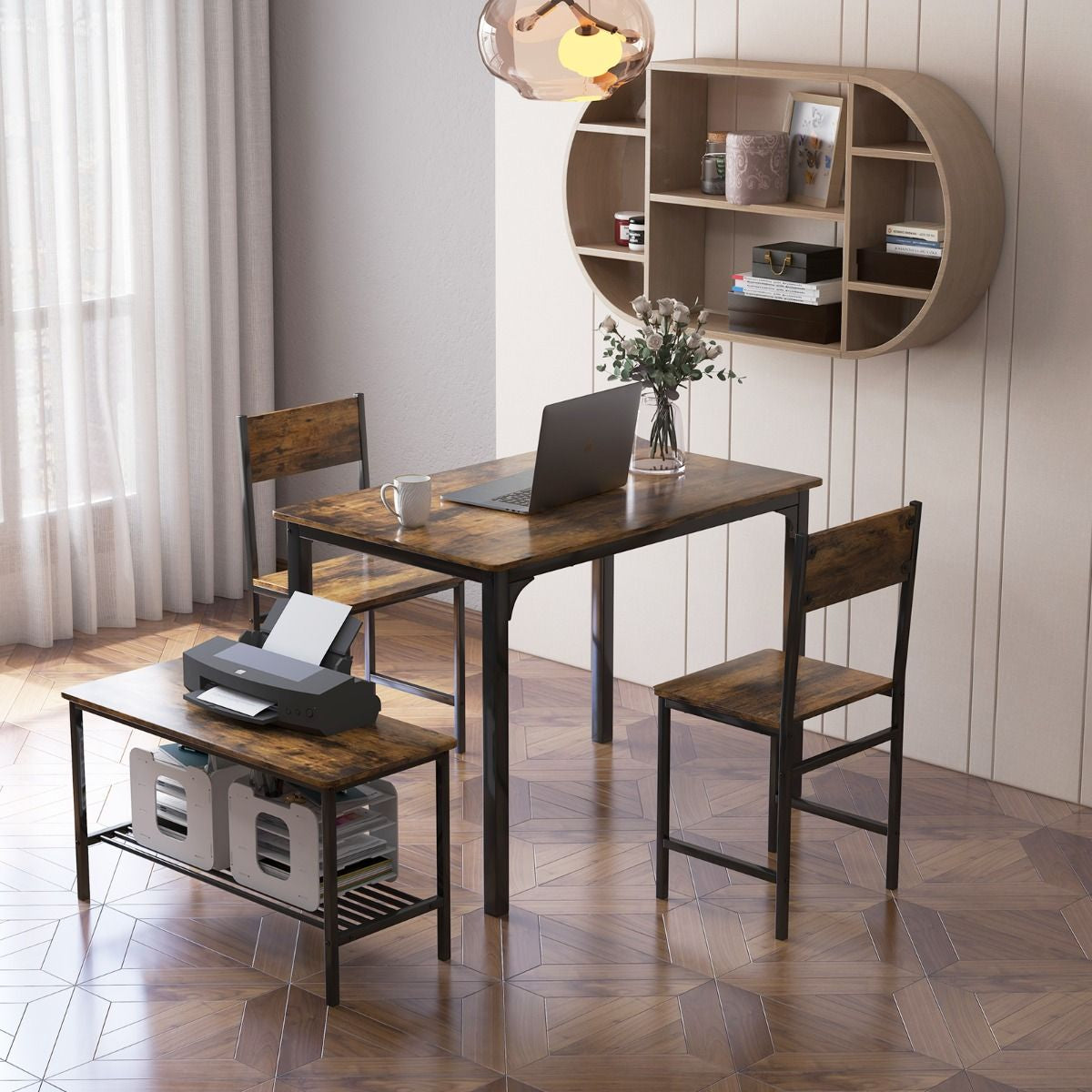 Ensemble Table Et 2 Chaise 1 Banc 4 Personnes Style Industriel Structure En Métal Pour Salle À Manger Restaurant Cuisine Marron/Gris/Café