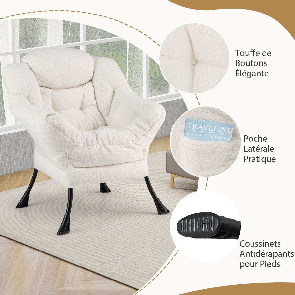 Chaise Paresseuse Avec Ottoman Fauteuil De Loisirs Rembourré Sherpa Moderne Avec Repose-Pied Pliable Coussin De Tête Beige/Gris/Rose