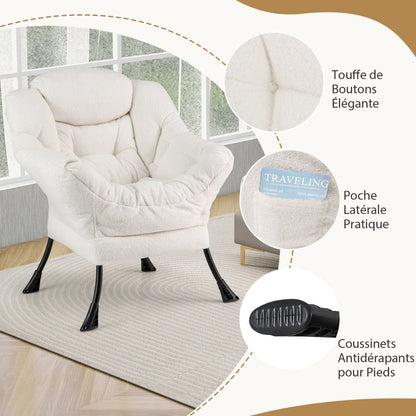 Chaise Paresseuse Avec Ottoman Fauteuil De Loisirs Rembourré Sherpa Moderne Avec Repose-Pied Pliable Coussin De Tête Beige/Gris/Rose