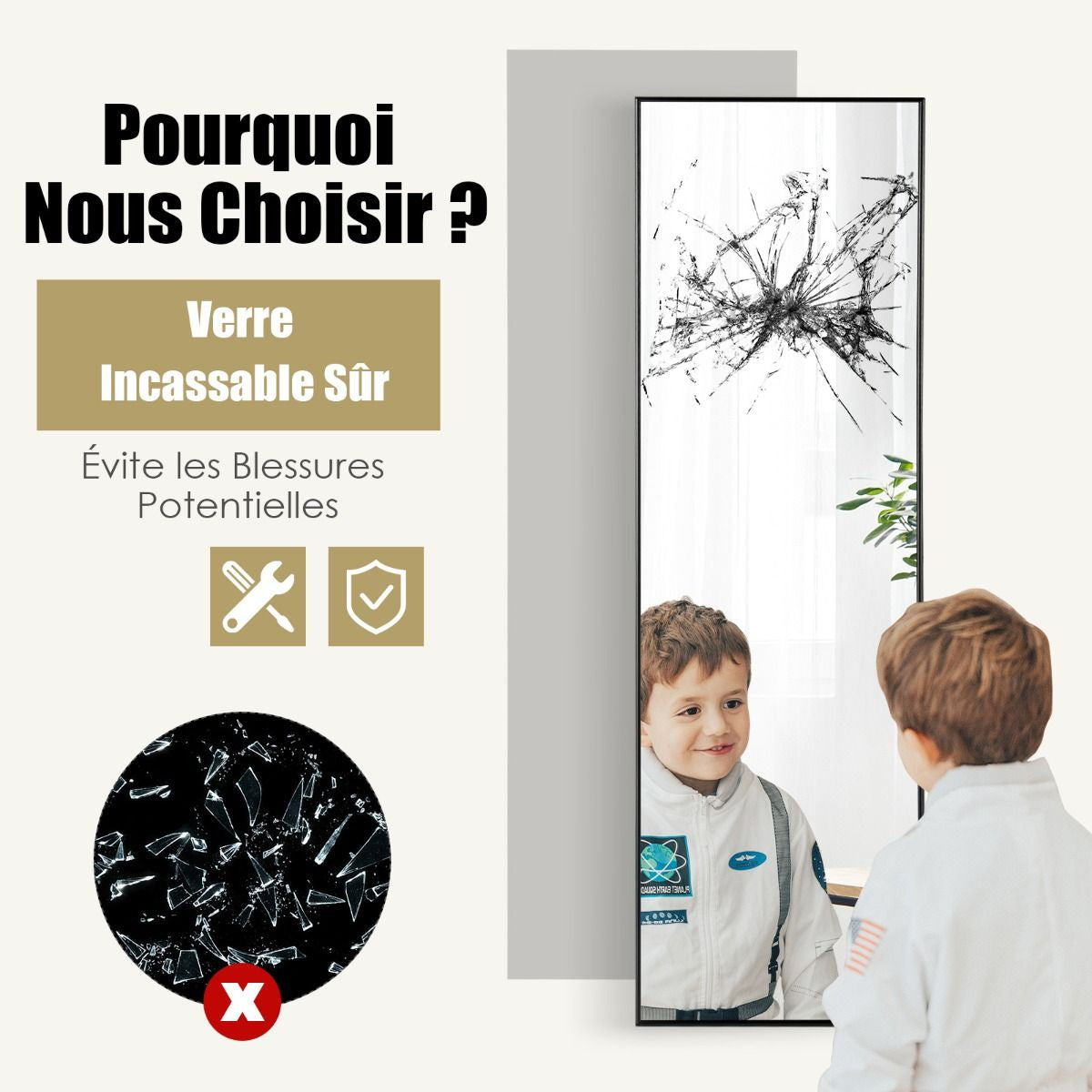 Miroir HD Psyché Mural Miroir Rectangulaire De Grand Format H 120 X L37 CM Cadre Argent En Alliage D'Aluminium Noir/Argent/Or