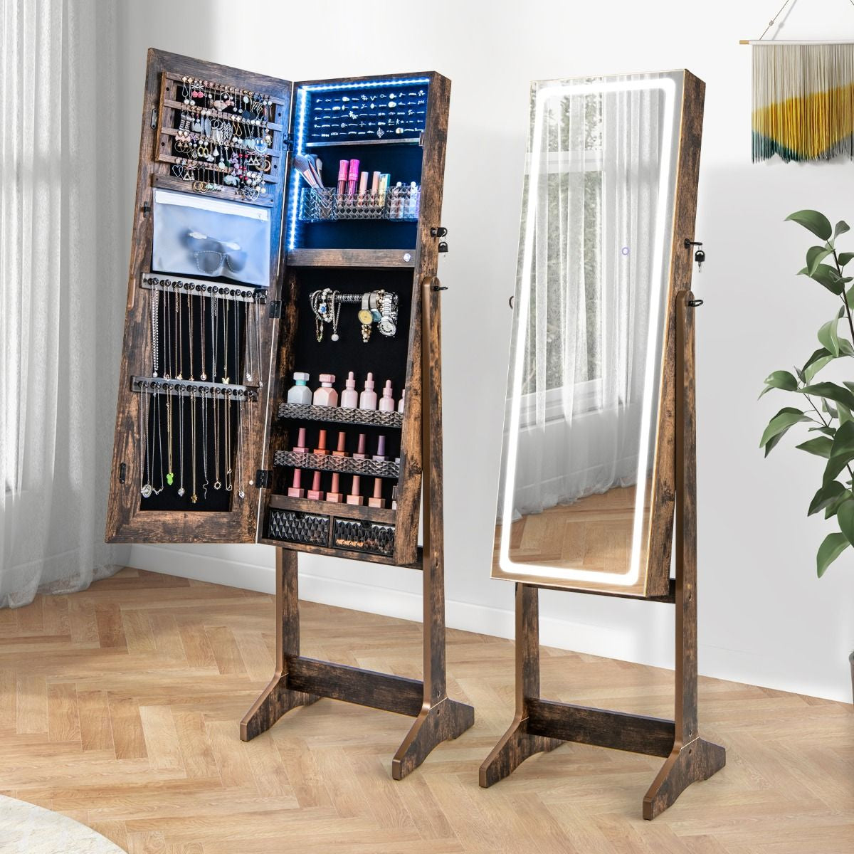 Armoire À Bijoux Sur Pied Avec Lumières LED Armoire Verrouillable Avec Miroir Pleine Longueur Éclairé Blanc/Marron Rustique/Noyer