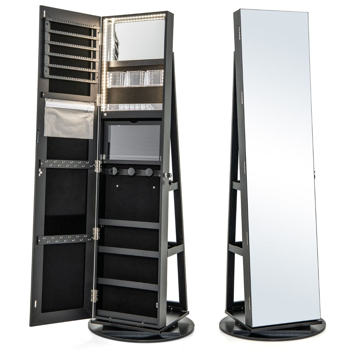 Armoire À Bijoux Pivotante À 360°Avec Lumières LED 3 Couleurs Miroir Pleine Longueur Et Étagère 3 Niveaux En Arrière 10 Couleurs Au Choix