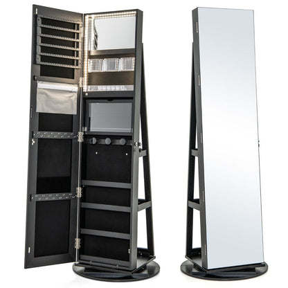 Armoire À Bijoux Pivotante À 360°Avec Lumières LED 3 Couleurs Miroir Pleine Longueur Et Étagère 3 Niveaux En Arrière 10 Couleurs Au Choix