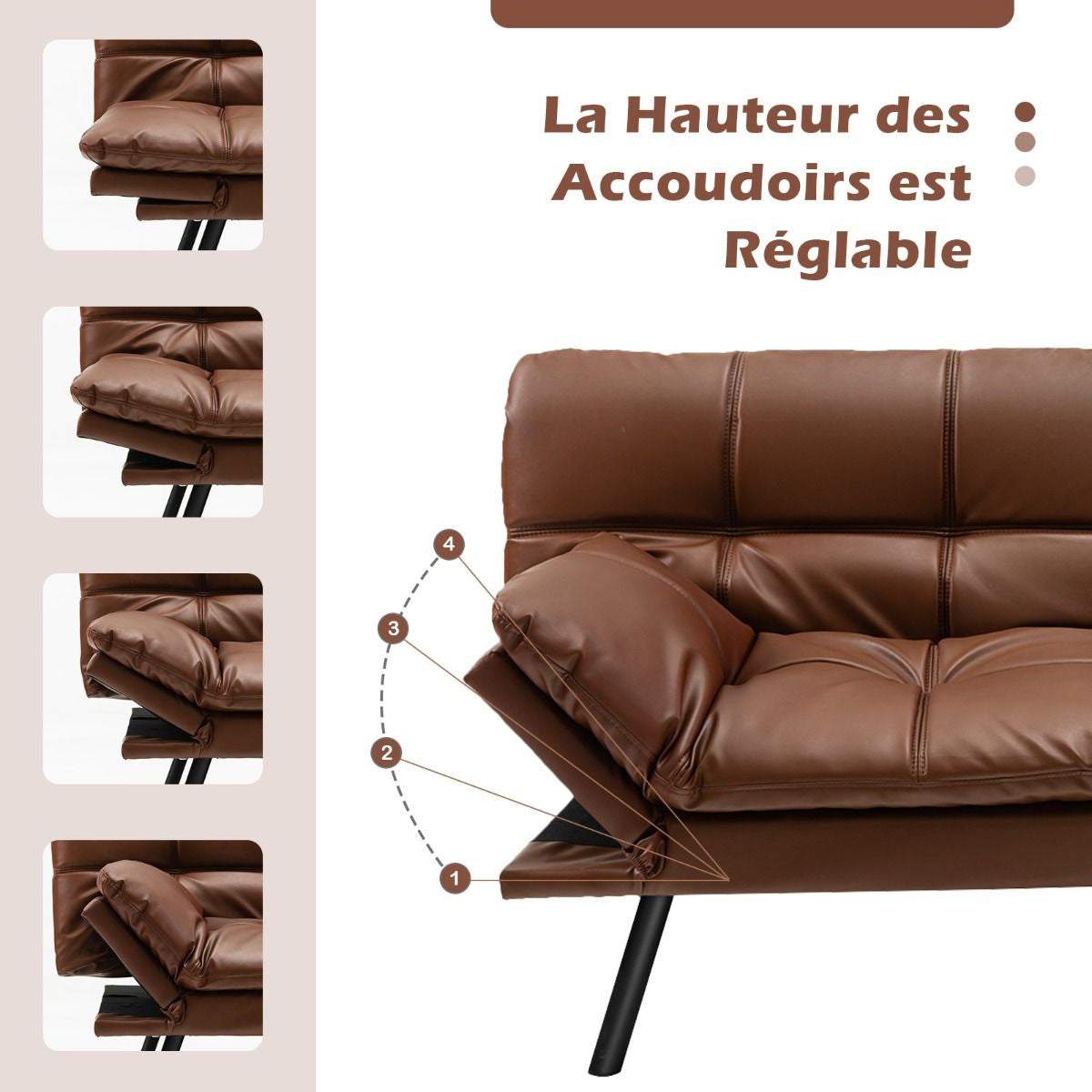 Canapé-Lit Futon Convertible En Mousse À Mémoire De Forme Avec Dossier Et Accoudoirs Réglables Canapé-Lit Futon Moderne Gris/Noir/Brun