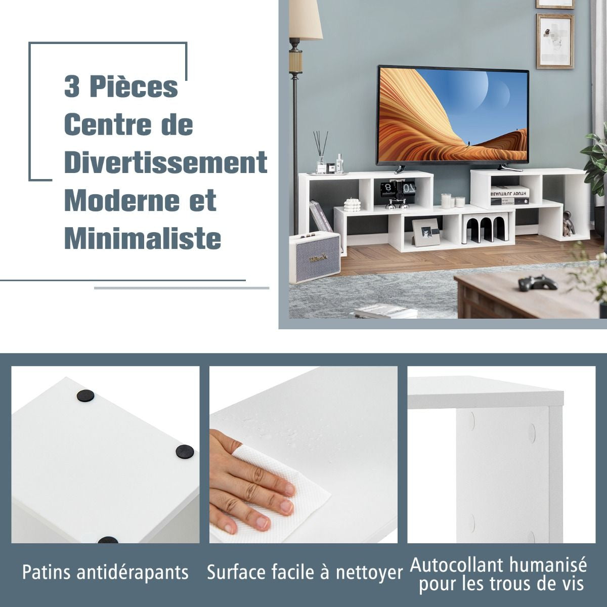 Meuble TV 3 Pièces 134-180X30X43Cm Combination Libre Pour Télévision Jusqu’À 49 Pouces Pour Salon Chambre Bureau En MDF Noir/Blanc/Café/Gris