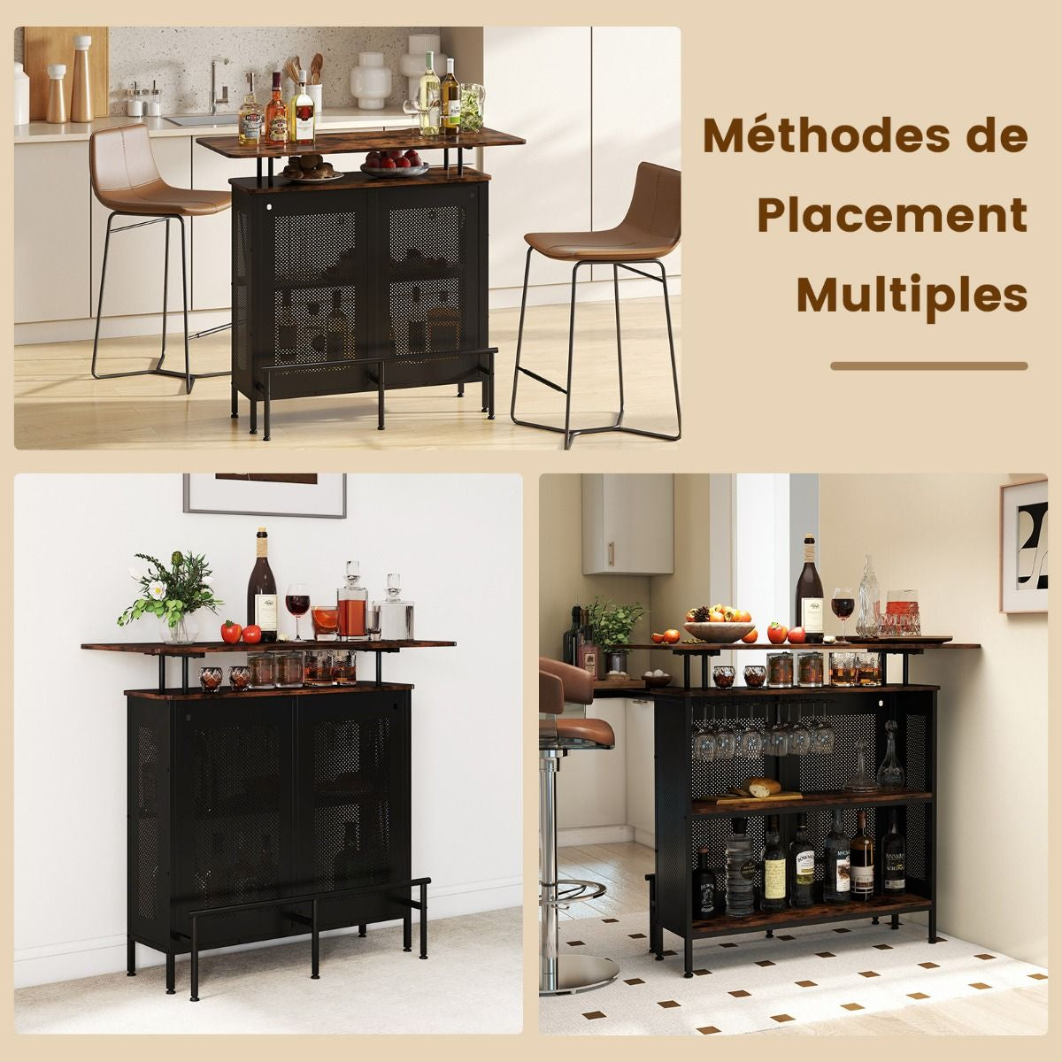 Table De Bar À Domicile À 4 Niveaux Armoire De Bar Avec 2 Étagères Pour Vin Et 6 Supports De Verres Repose-Pieds En Métal 7 Pieds Réglables Noir/Marron