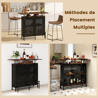 Table De Bar À Domicile À 4 Niveaux Armoire De Bar Avec 2 Étagères Pour Vin Et 6 Supports De Verres Repose-Pieds En Métal 7 Pieds Réglables Noir/Marron