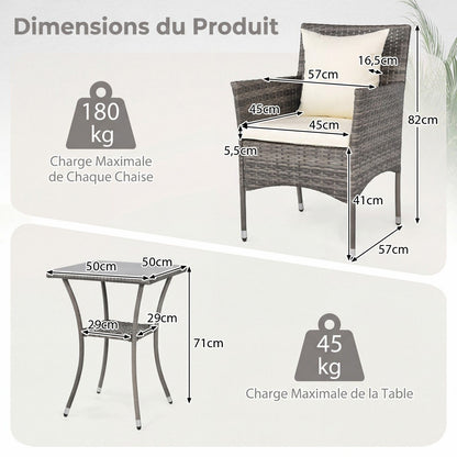 Salon De Jardin En Résine Tressée Table Et 2 Chaises Avec Coussins Et 2 Oreillers Pour Jardin Terrasse Balcon Beige/Gris