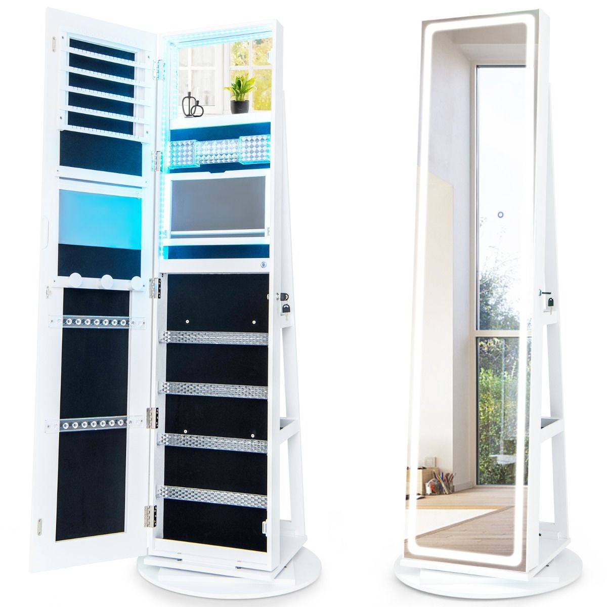 Armoire À Bijoux Avec Miroir Sur Pieds Pivotant 360° Grand Miroir Psyché Sans Cadre Avec LED Verrouillable Placard Beauté 3 Étagères Blanc/Café