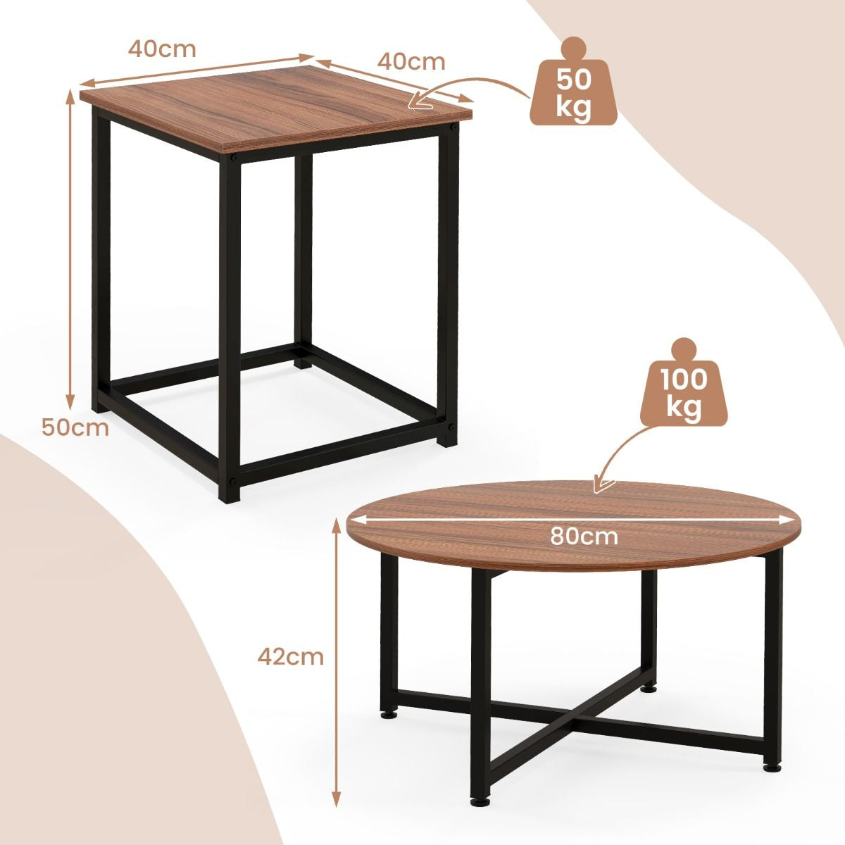 Ensemble De Tables Basses 3 Pièces Table Ronde Et 2 Tables D'Appoint Carrées Avec Cadre En Métal Robuste Noyer/Blanc/Gris