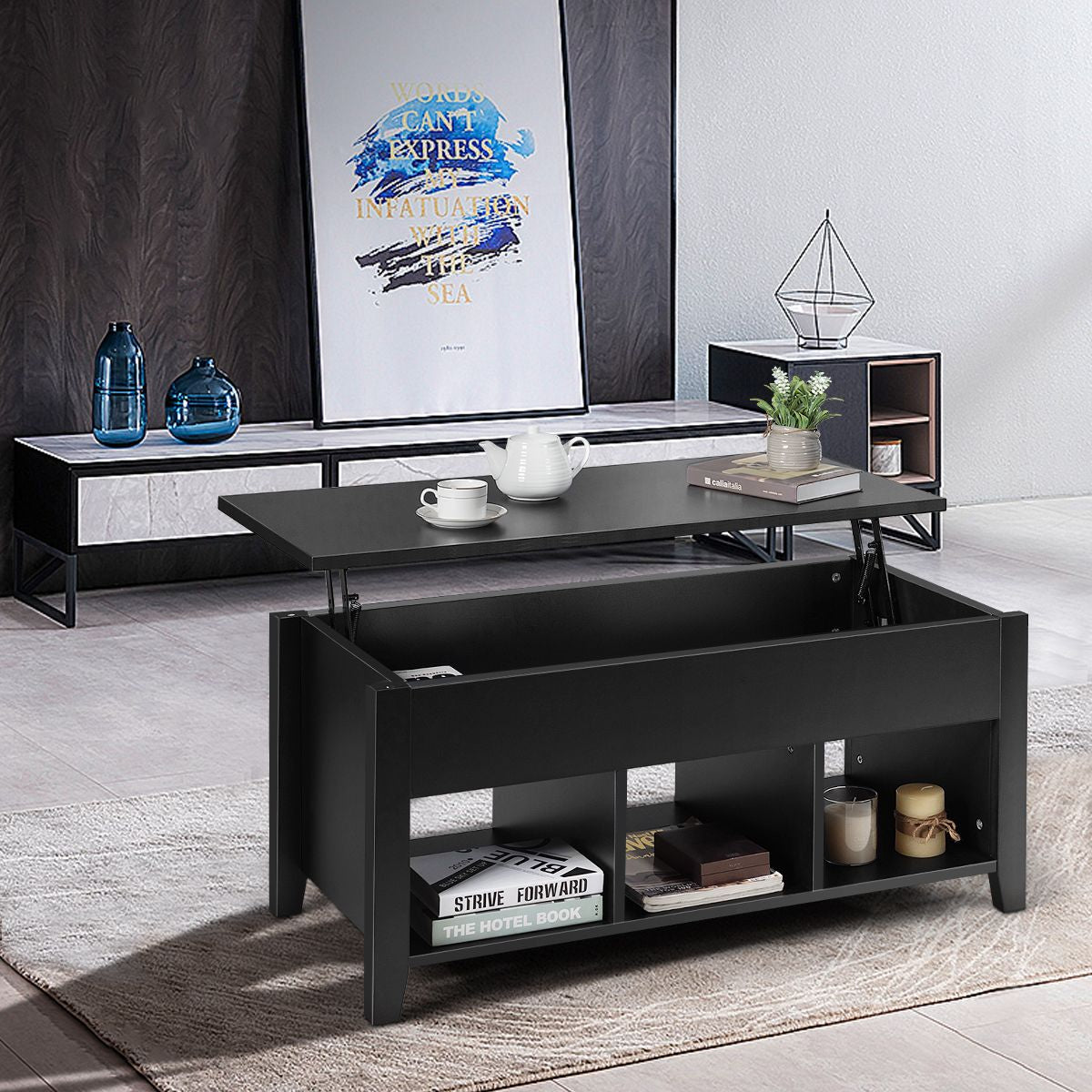 Table Basse Avec Plateau Relevable Noir 105 X 52 X 49 CM Avec Trois Compartiments Pour Rangement Design Contemporain Marron/Noir