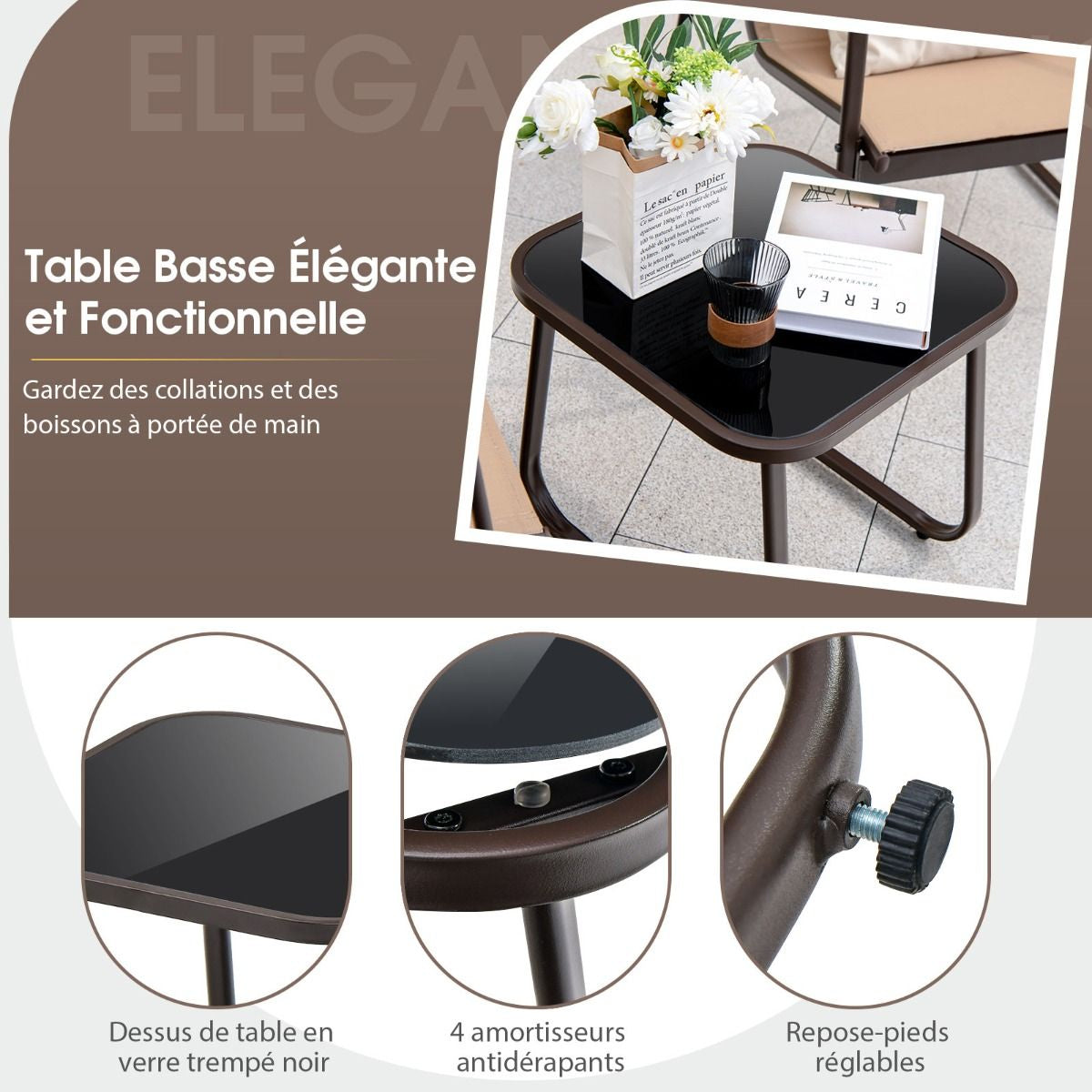 Salon De Jardin 3 PCS En Textilène Anti-Uv Table Basse En Verre Trampé Cadre En Métal Marron/Noir