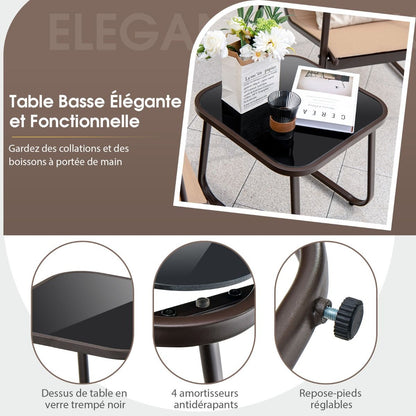 Salon De Jardin 3 PCS En Textilène Anti-Uv Table Basse En Verre Trampé Cadre En Métal Marron/Noir