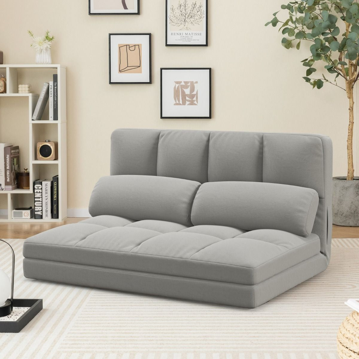 Canapé Lit Convertible En Velours Pliable Dossier Réglable À 6 Niveaux Avec 2 Coussins Gris Clair/Gris Foncé