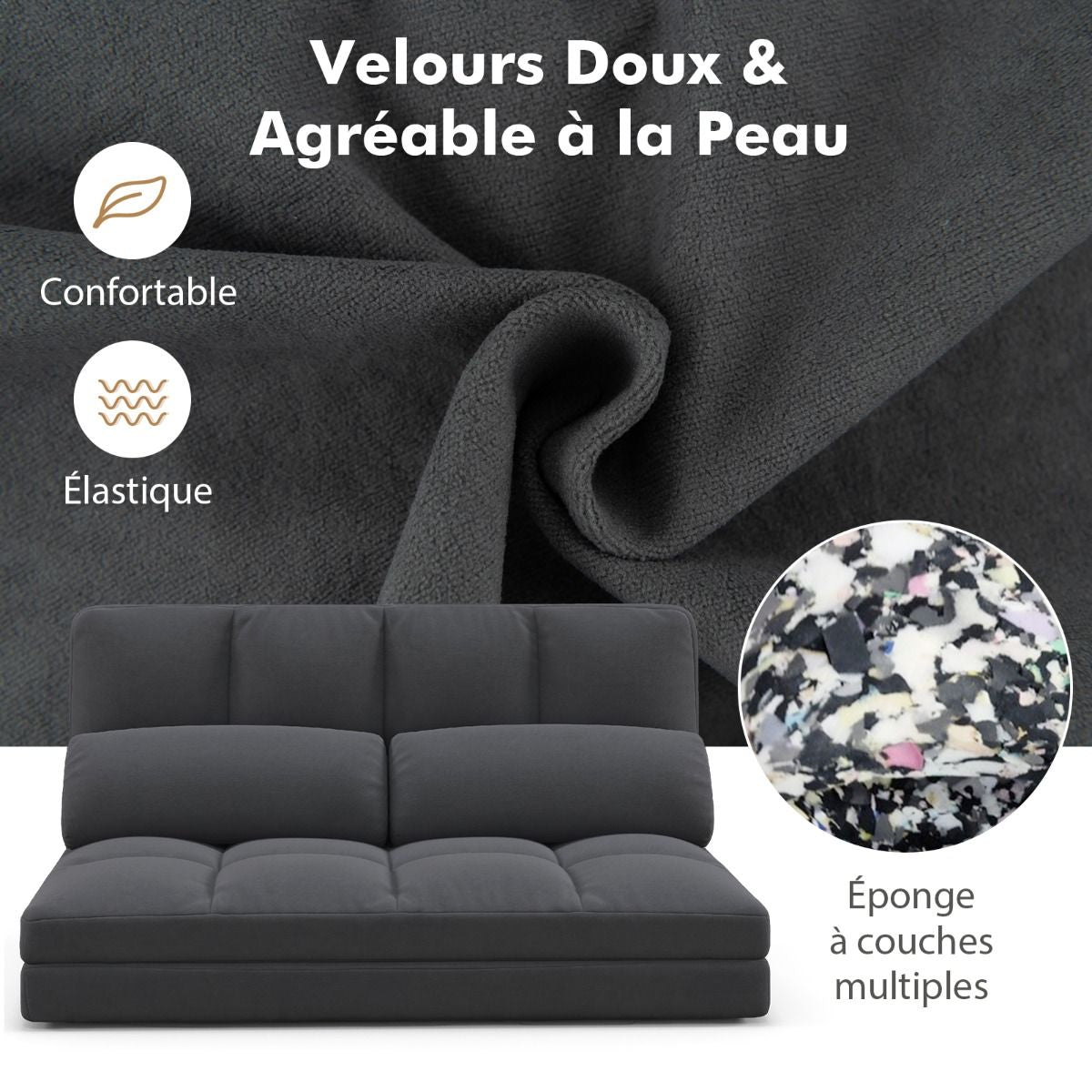 Canapé Lit Convertible En Velours Pliable Dossier Réglable À 6 Niveaux Avec 2 Coussins Gris Clair/Gris Foncé