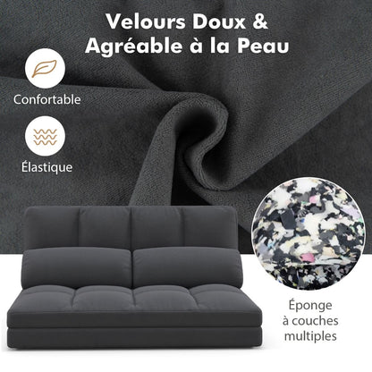 Canapé Lit Convertible En Velours Pliable Dossier Réglable À 6 Niveaux Avec 2 Coussins Gris Clair/Gris Foncé