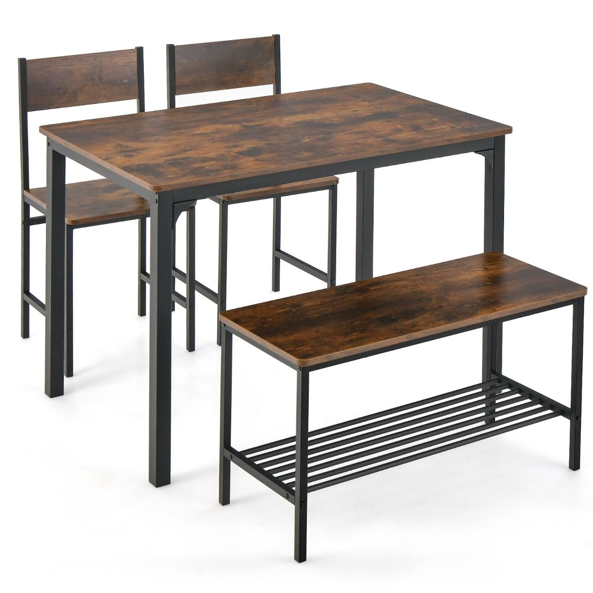 Ensemble Table Et 2 Chaise 1 Banc 4 Personnes Style Industriel Structure En Métal Pour Salle À Manger Restaurant Cuisine Marron/Gris/Café