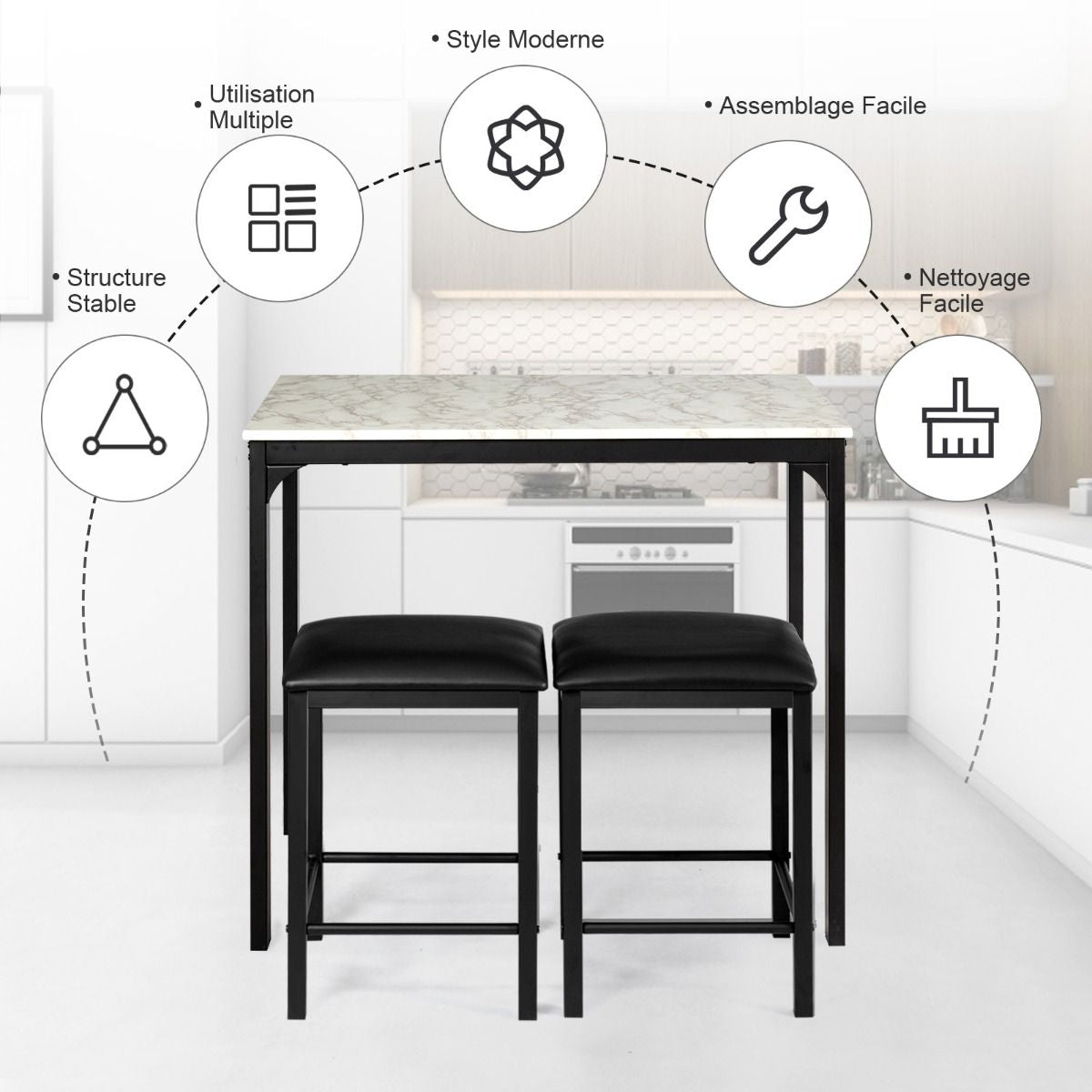 Table Haute Cuisine Avec 2 Tabourets Table Bar Cuisine Cadre En Métal Mange-Debout Industriel Pour Bistro Salle À Manger Cuisine Blanc/Café/Noir