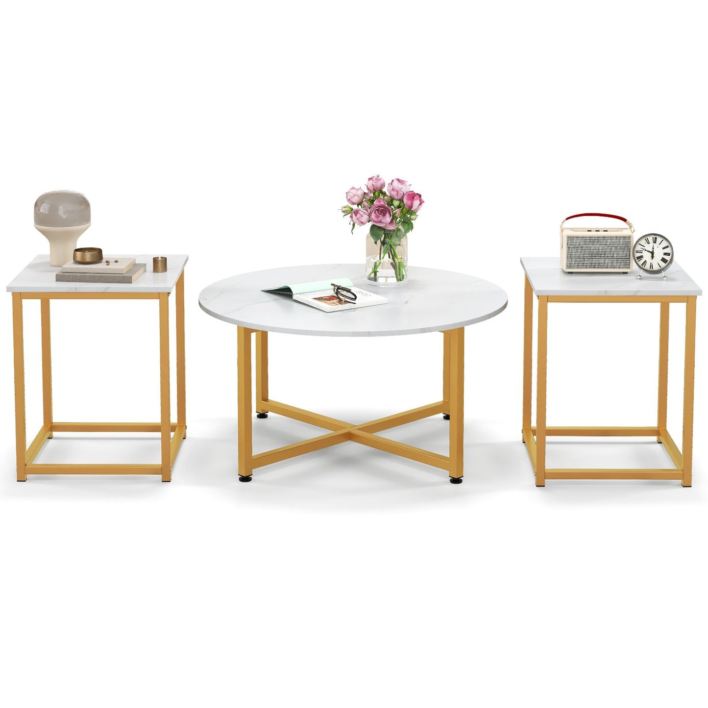 Ensemble De Tables Basses 3 Pièces Table Ronde Et 2 Tables D'Appoint Carrées Avec Cadre En Métal Robuste Noyer/Blanc/Gris