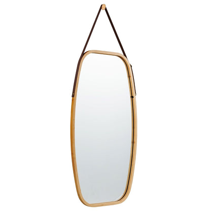 Miroir Mural Suspendu Avec Cadre En Bambou Et Sangle En Cuir Réglable Coin Arrondi 77 X 44 X 1,5Cm