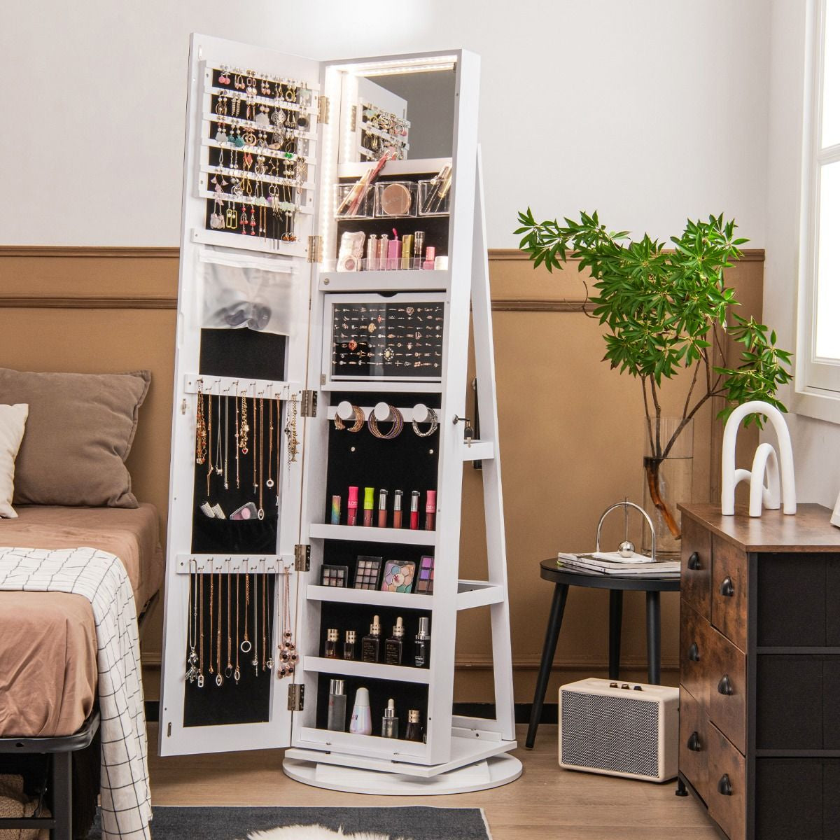 Armoire À Bijoux Pivotante À 360°Avec Lumières LED 3 Couleurs Miroir Pleine Longueur Et Étagère 3 Niveaux En Arrière 10 Couleurs Au Choix