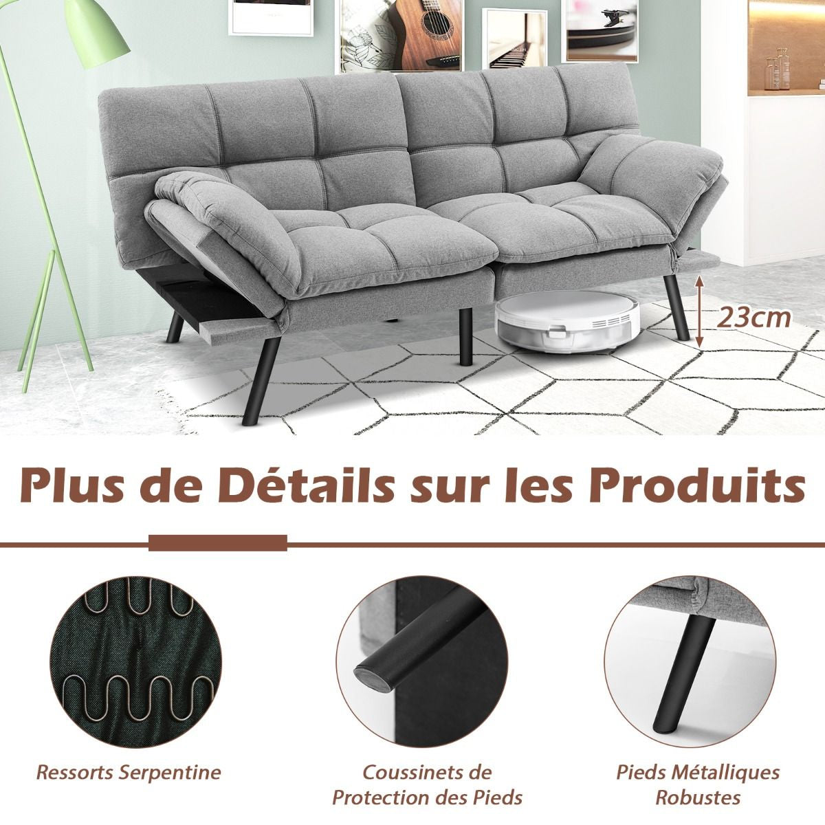 Canapé-Lit Futon Convertible En Mousse À Mémoire De Forme Avec Dossier Et Accoudoirs Réglables Canapé-Lit Futon Moderne Gris/Noir/Brun