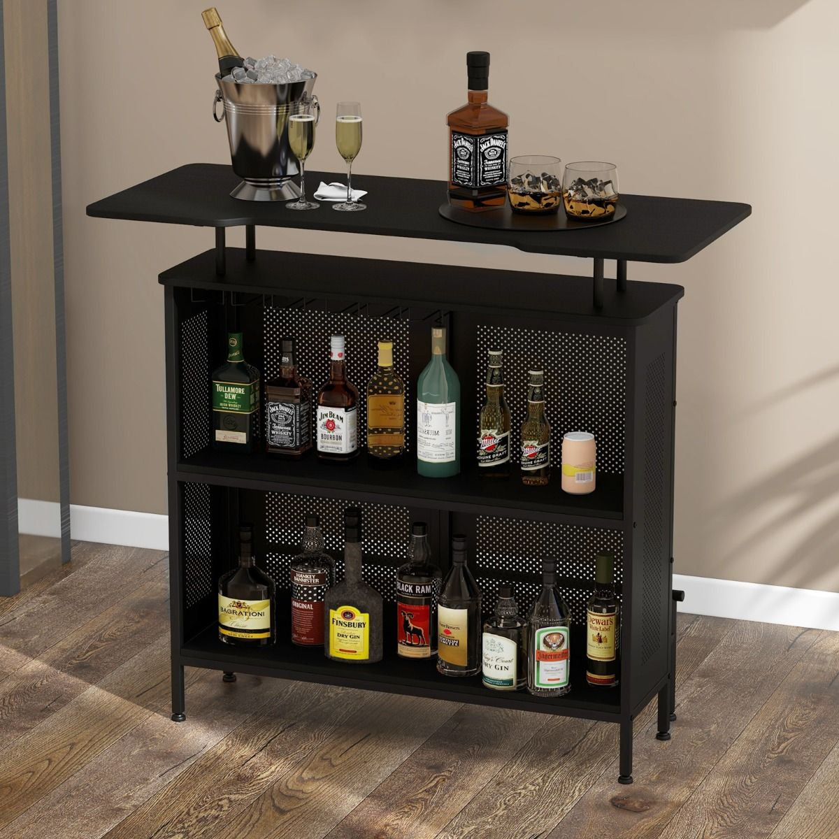 Table De Bar À Domicile À 4 Niveaux Armoire De Bar Avec 2 Étagères Pour Vin Et 6 Supports De Verres Repose-Pieds En Métal 7 Pieds Réglables Noir/Marron