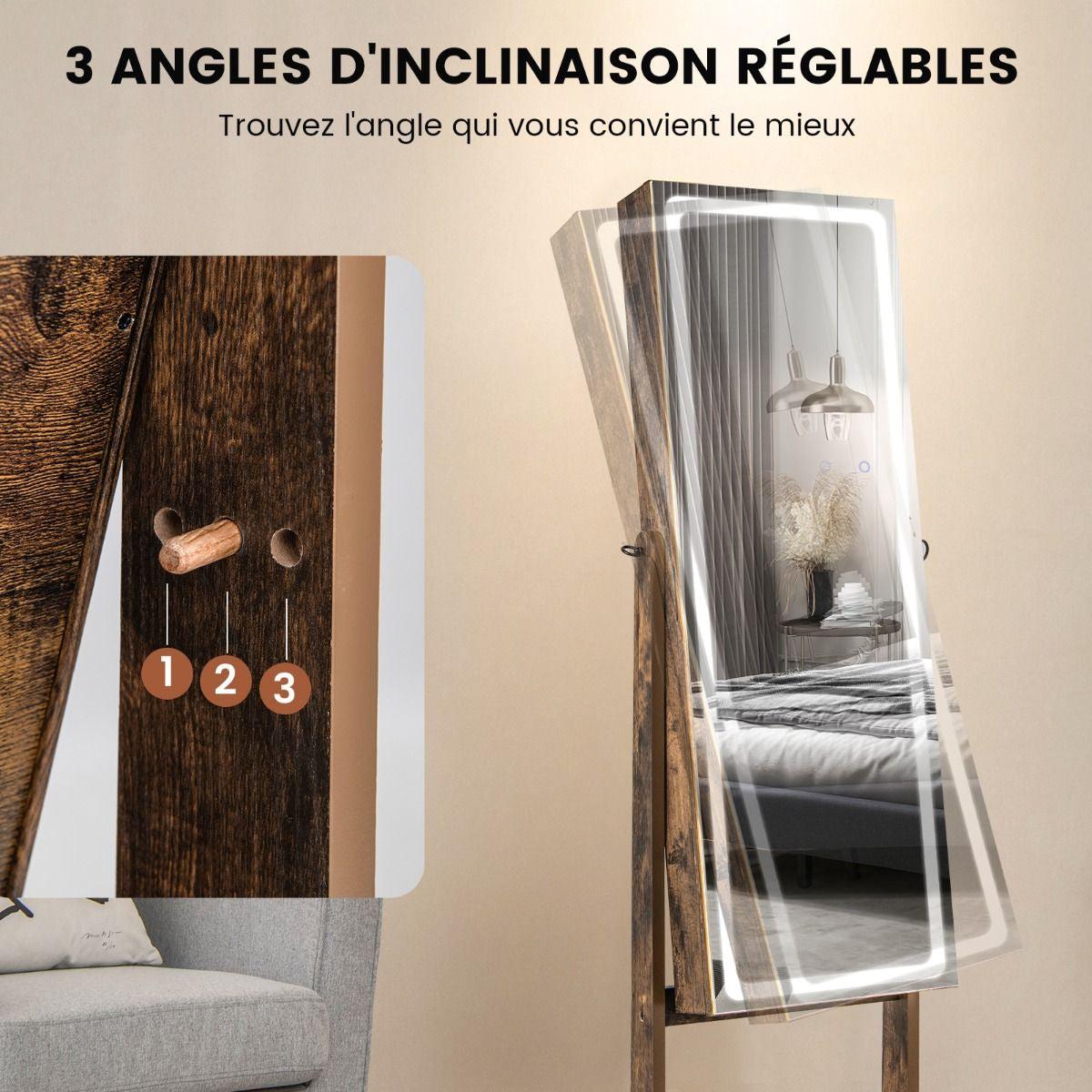 Armoire À Bijoux Sur Pied Avec Lumières LED Armoire Verrouillable Avec Miroir Pleine Longueur Éclairé Blanc/Marron Rustique/Noyer