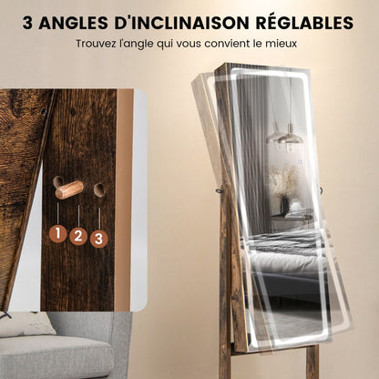 Armoire À Bijoux Sur Pied Avec Lumières LED Armoire Verrouillable Avec Miroir Pleine Longueur Éclairé Blanc/Marron Rustique/Noyer