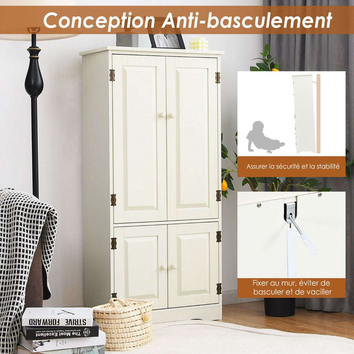 Armoire De Chambre Avec 2 Porte De Style Vintage Avec 2 Etagères Réglables À 5 Positions En MDF Blanc/Noir