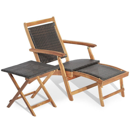 Chaise Longue En Rotin Avec Repose-Pied Rétractable Table D'Appoint Pliable Et Accoudoirs Pour Jardin