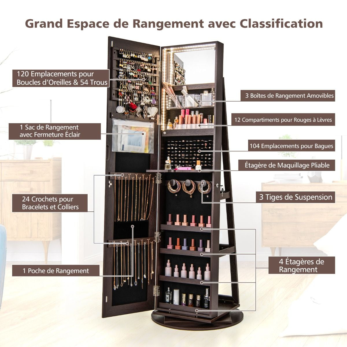 Armoire À Bijoux Pivotante À 360°Avec Lumières LED 3 Couleurs Miroir Pleine Longueur Et Étagère 3 Niveaux En Arrière 10 Couleurs Au Choix