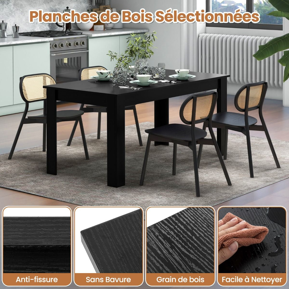 Table Salle À Manger De 160 CM Pour 6-8 Personnes Table Cuisine Rectangulaire Avec Pieds En Formes De L Robustes Table Bureau De Travail Moderne Naturel/Noir