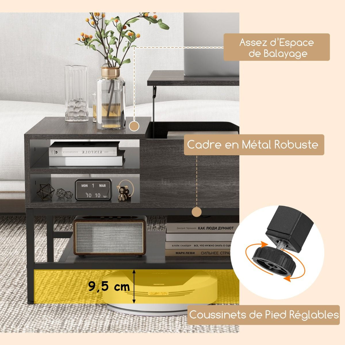 Table Basse À Plateau Relevable Table De Salon Avec Compartiment Caché Et Etagère De Rangement Amovible Table Centrale Rabattable Blanc/Gris