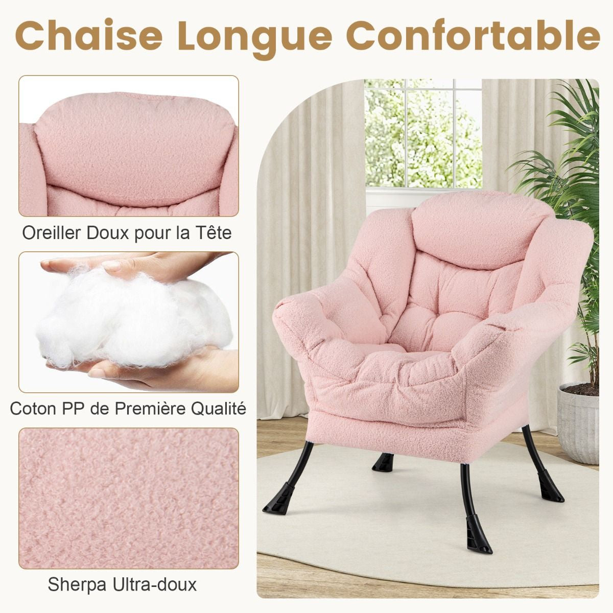 Chaise Paresseuse Avec Ottoman Fauteuil De Loisirs Rembourré Sherpa Moderne Avec Repose-Pied Pliable Coussin De Tête Beige/Gris/Rose