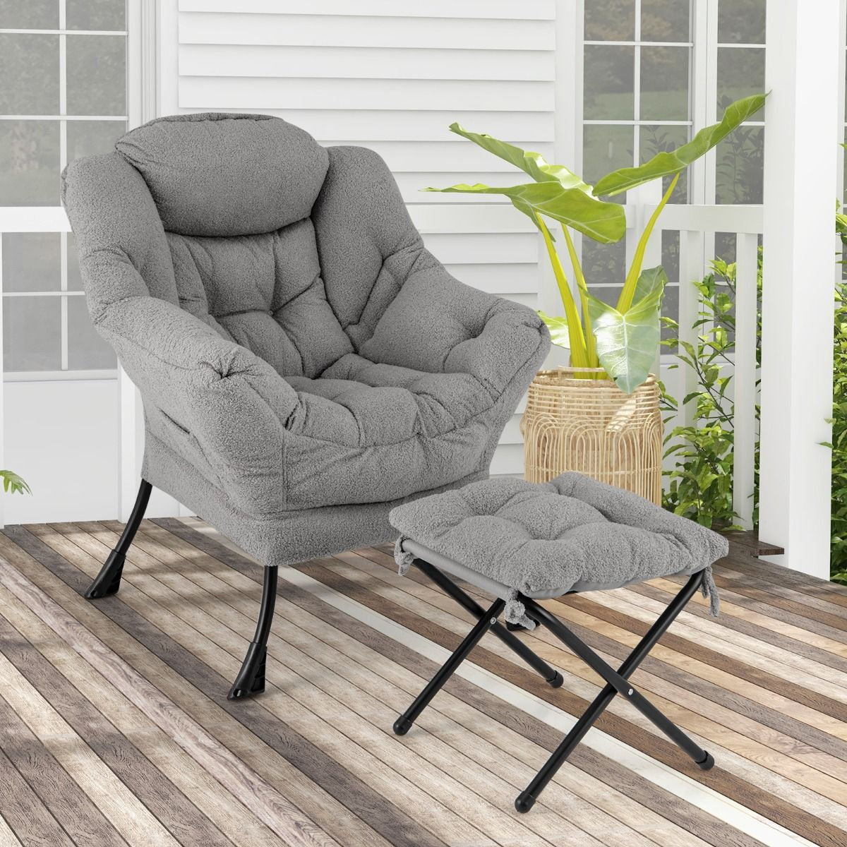 Chaise Paresseuse Avec Ottoman Fauteuil De Loisirs Rembourré Sherpa Moderne Avec Repose-Pied Pliable Coussin De Tête Beige/Gris/Rose