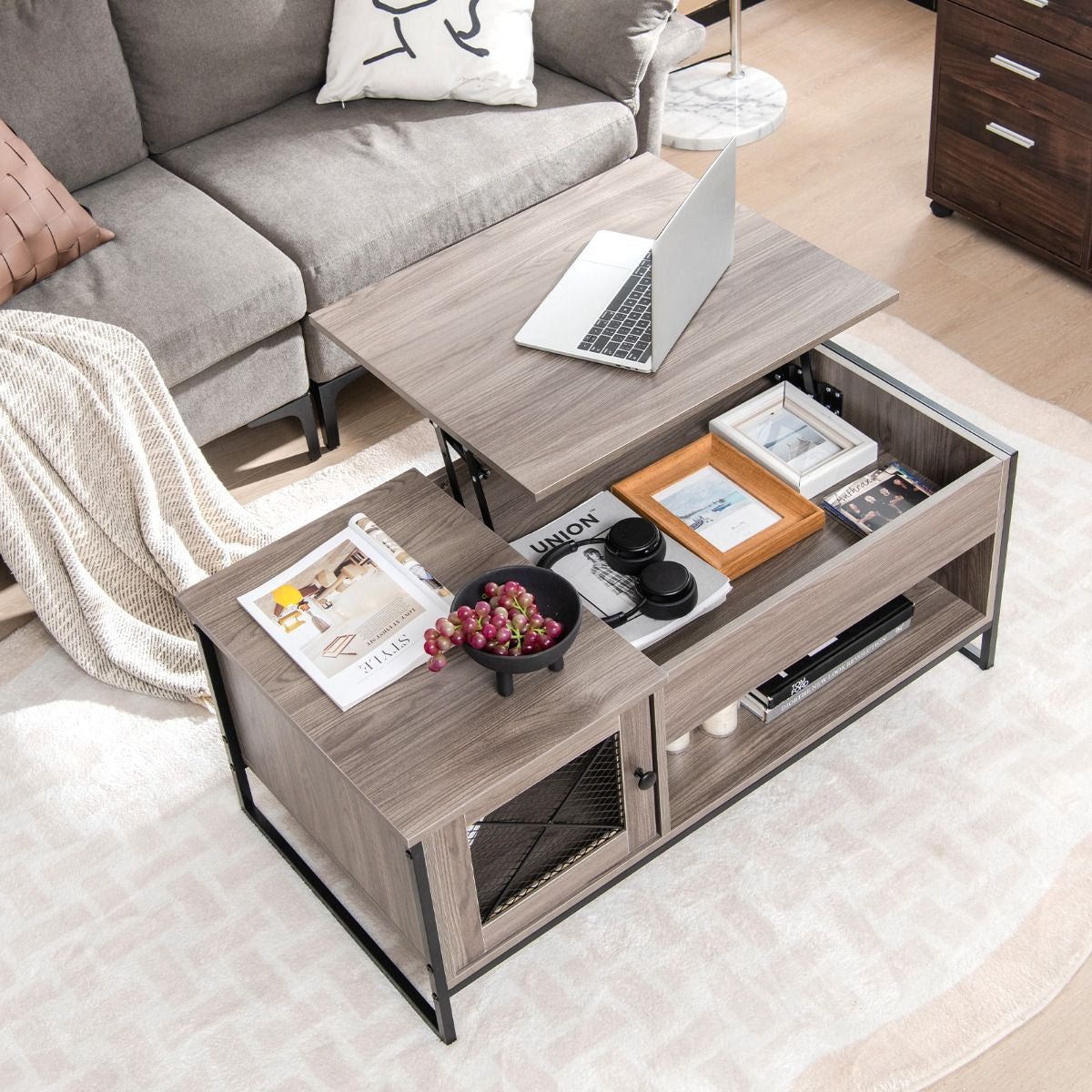 Table Basse Avec Plateau Élévateur Pneumatique Compartiments Ouverts Et 2 Casiers Conception À 2 Porte 104 X 52,5 X 58 Cm