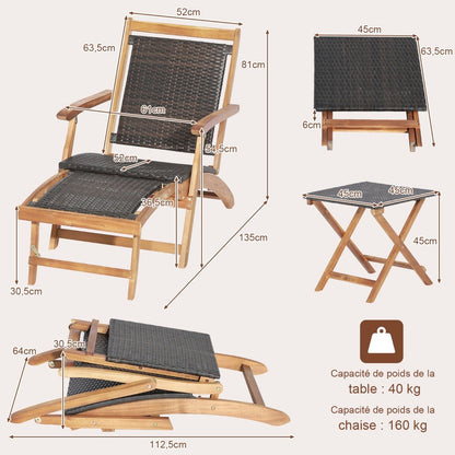 Chaise Longue En Rotin Avec Repose-Pied Rétractable Table D'Appoint Pliable Et Accoudoirs Pour Jardin