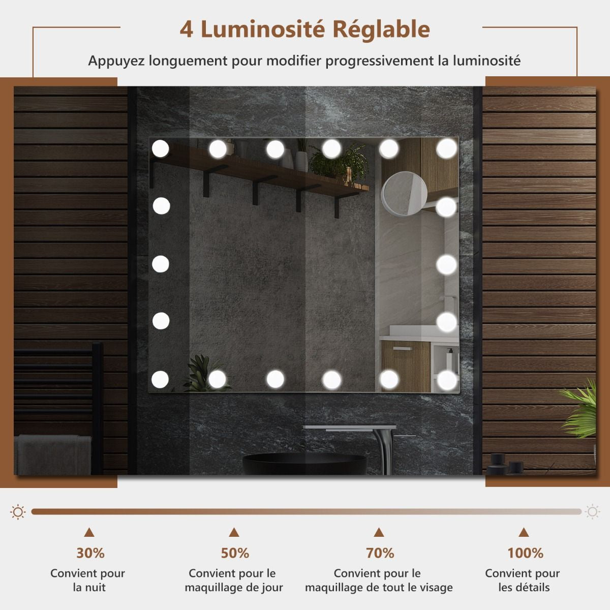 Miroir Maquillage Hollywood-18 Ampoules LED Tactile Grossissement 3X Éclairage Blanc Froid/Chaud/Neutre