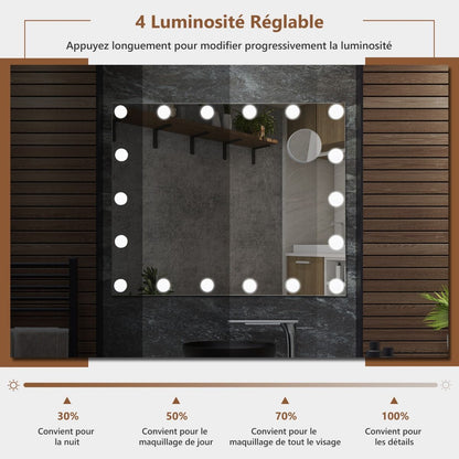 Miroir Maquillage Hollywood-18 Ampoules LED Tactile Grossissement 3X Éclairage Blanc Froid/Chaud/Neutre
